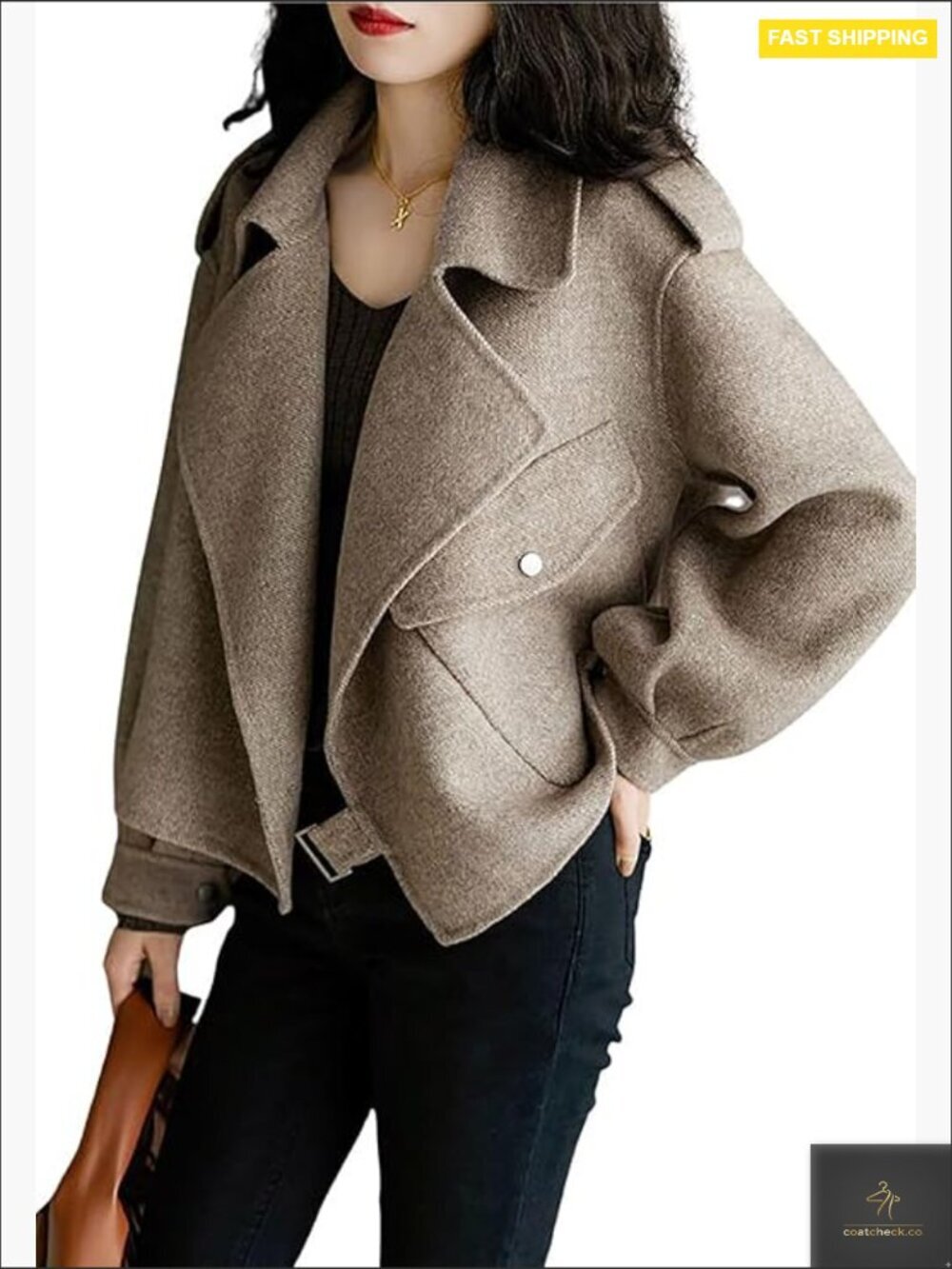 Women's Cropped Wool Coat Casual Open Front Blazer Jacket Notch Lapel
